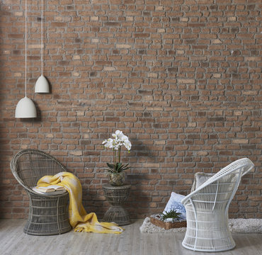 brick wall interior concept wicker chair and blanket style