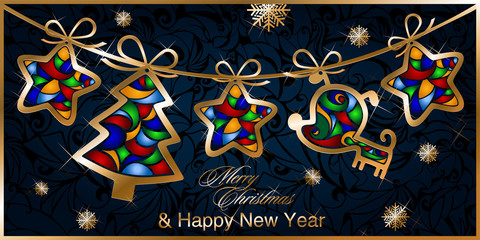 New year postcard new year greetings with gold garland and gold pendants dogs, Christmas trees and stars inside each colored stained glass pendants