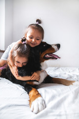 little girl In the bed stoey playing with a dog. animals, recreation, game, family