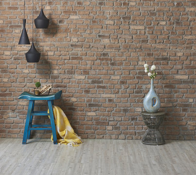 modern wicker armchair and natural wall paper with vase of flower