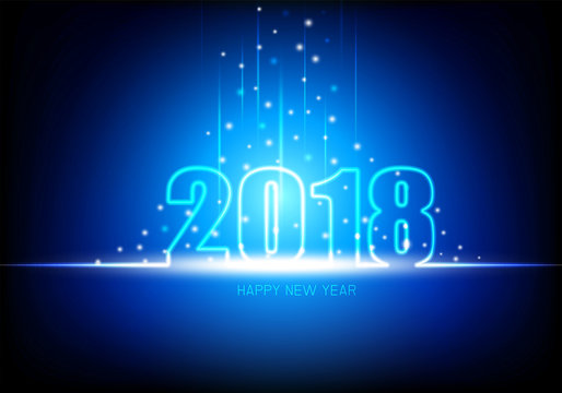 Happy New Year 2018, Futuristic technology abstract with glowing neon light, vector illustration