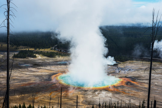 Majestic view of steam emitting from hot spring at Yellowstone National Park