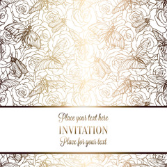 Intricate baroque luxury wedding invitation card, rich gold decor on beige background with frame and place for text, lacy foliage with shiny gradient