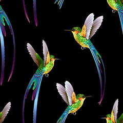 Beautiful seamless exotic jungle pattern background. Hummingbirds with palm leaves on black background