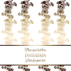 Intricate baroque luxury wedding invitation card, rich gold decor on beige background with frame and place for text, lacy foliage with shiny gradient