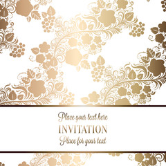 Intricate baroque luxury wedding invitation card, rich gold decor on beige background with frame and place for text, lacy foliage with shiny gradient