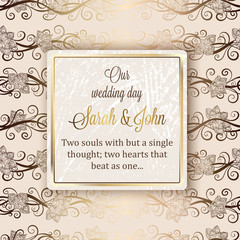 Intricate baroque luxury wedding invitation card, rich gold decor on beige background with frame and place for text, lacy foliage with shiny gradient