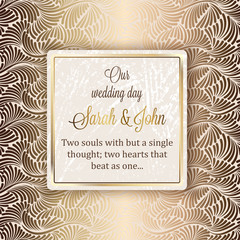 Obraz na płótnie Canvas Intricate baroque luxury wedding invitation card, rich gold decor on beige background with frame and place for text, lacy foliage with shiny gradient