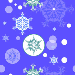 Seamless pattern. Snowflakes, white circles on a blue background for holiday decoration