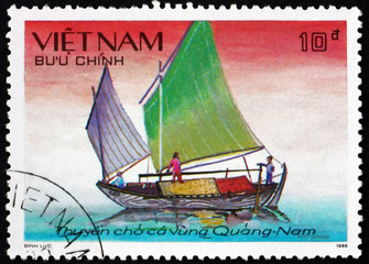 Postage stamp Vietnam 1989 boat from Quang Nam