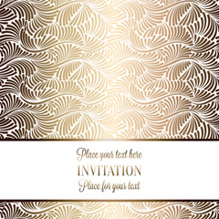 Intricate baroque luxury wedding invitation card, rich gold decor on beige background with frame and place for text, lacy foliage with shiny gradient