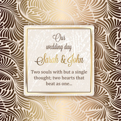 Obraz na płótnie Canvas Intricate baroque luxury wedding invitation card, rich gold decor on beige background with frame and place for text, lacy foliage with shiny gradient