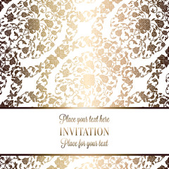 Intricate baroque luxury wedding invitation card, rich gold decor on beige background with frame and place for text, lacy foliage with shiny gradient