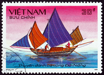 Postage stamp Vietnam 1989 boat from Da Nang