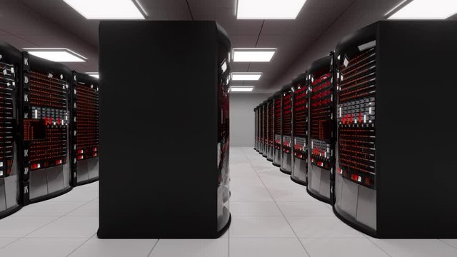 Modern working server room with rack servers. Cloud computing in datacenter, information storage. Server error with red indicators, dos attack, hacking