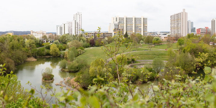 City center of Leonberg with high-rise residential buildings