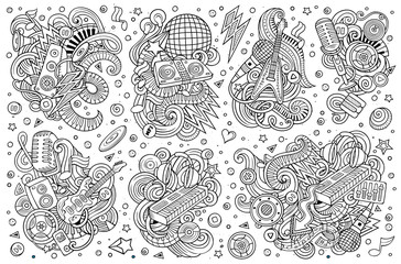 Obraz premium Vector doodles cartoon set of disco music objects combinations