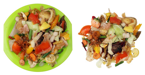 Food waste which remain after vegetarian dinner cooking on white table and green plastic plate