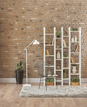 mdoern home design bookshelf and metal chair decor vase of plant interior concept