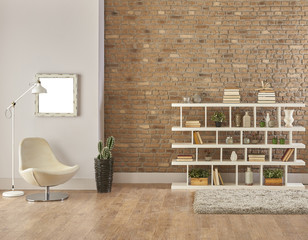 modern home decoration home office corner and bookshelf with many books and ornaments