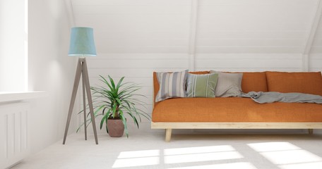 Idea of white minimalist room with orange sofa. Scandinavian interior design. 3D illustration