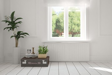 White empty room with summer landscape in window. Scandinavian interior design. 3D illustration