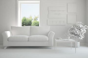 Idea of white room with sofa and summer landscape in window. Scandinavian interior design. 3D illustration