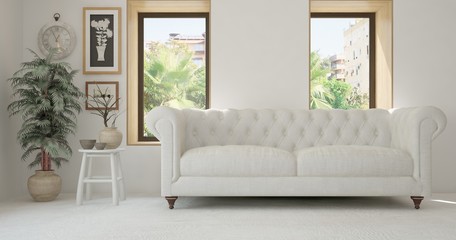 Idea of white room with sofa and summer landscape in window. Scandinavian interior design. 3D illustration