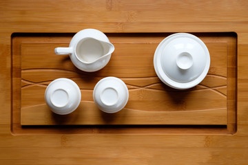 tea ceremony set on bamboo table top view