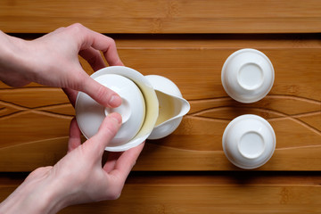 tea ceremony set on bamboo table top view