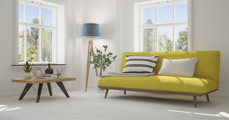 Idea of white room with sofa and summer landscape in window. Scandinavian interior design. 3D illustration