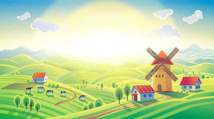Rural sunrise landscape with a mill and village in cartoon style. Raster illustration. - obrazy, fototapety, plakaty