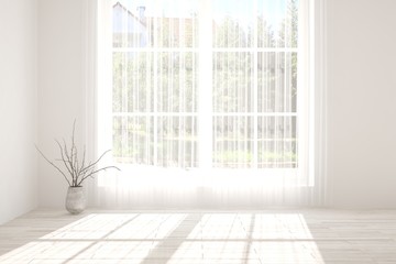 White empty room with summer landscape in window. Scandinavian interior design. 3D illustration