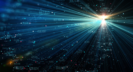 Fototapeta premium Przesyłanie i przechowywanie zbiorów danych / Kanał transmisji danych. Ruch przepływu danych cyfrowych. Przesyłanie dużych zbiorów danych.