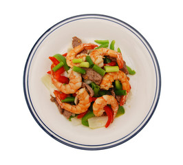 Stir fried vegetables and shrimp, beef on white