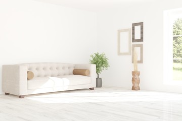 Idea of white minimalist room with sofa. Scandinavian interior design. 3D illustration
