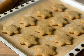 Baked gingerbread on baking sheet without decoration.