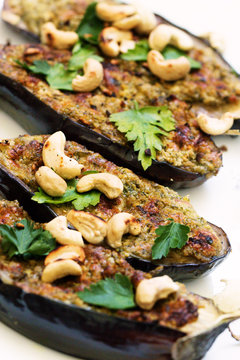 grilled eggplants with garlic  and walnuts.Grilled spisy eggplants.