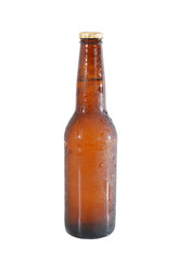 Bottle of beer with drops on white background. The file contains a path to cut.