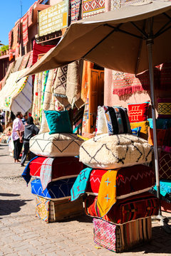 colorful pillows at moroccan shops, marrakech
