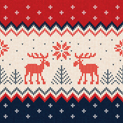Ugly sweater Merry Christmas and Happy New Year greeting card frame border template. Vector illustration seamless knitted background pattern deers scandinavian ornaments.. White, red, blue colors.