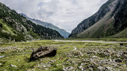 Stubai Valley in the alps with stones and a green meadow