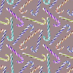 Candy canes seamless pattern.  Holiday Background. Watercolor Illustration.