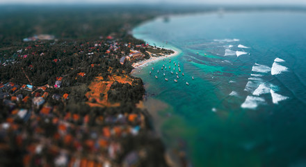 Aerial view of the south coast of the island of Sri Lanka. Weligama bay view with tilt shift effect applied