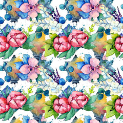 Fototapeta na wymiar Flower composition in a watercolor style isolated. Full name of the plant: peony,orchid. Aquarelle wild flower for background, texture, wrapper pattern, frame or border.