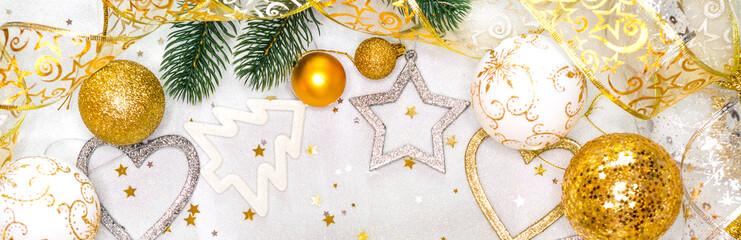 Christmas card with christmas ornaments, with Christmas balls, stars, gold and silver colors