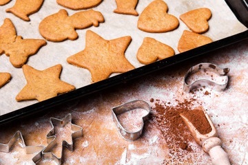 Preparing gingerbread cookies for Christmas. Various cookie shapes