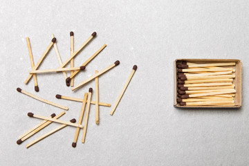 The concept of chaos and order. Chaotic match boxes lying around with the order of stacked matches