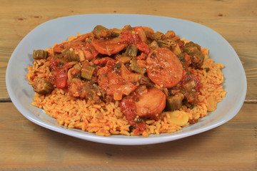 Cooked Okra and Sausage over Rice