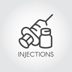 Injection icon drawing in outline style. Contour syringe sign with needle and medication. Medical symbol, vaccination, treatment concept. Web button or logo for websites and mobile apps. Vector